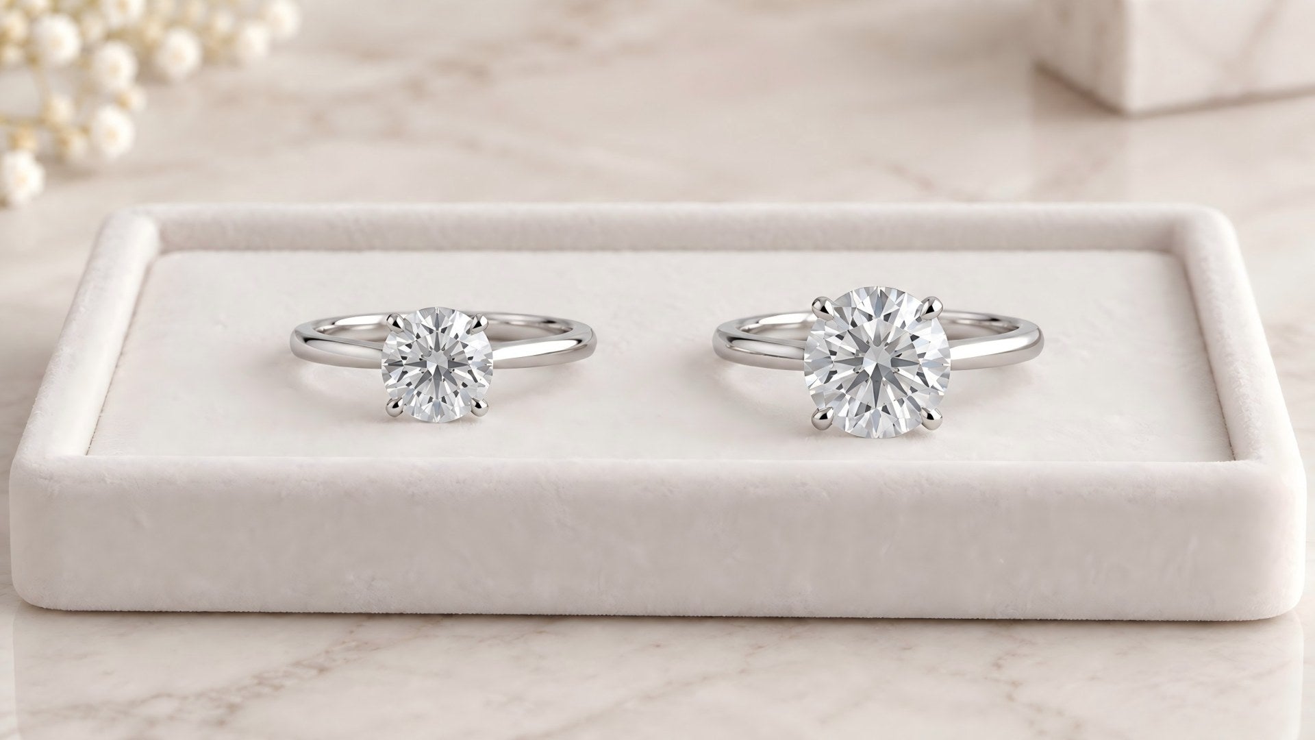 Two round solitaire diamond rings displayed side by side in a white jewelry display tray.