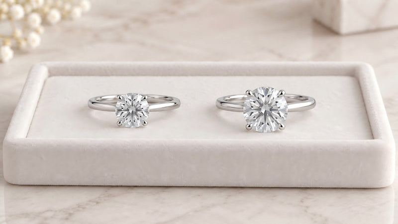 Two round solitaire diamond rings displayed side by side in a white jewelry display tray.