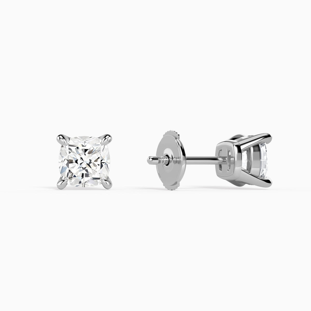 Cushion Solitaire 4-Prong Diamond Stud Earrings in Platinum