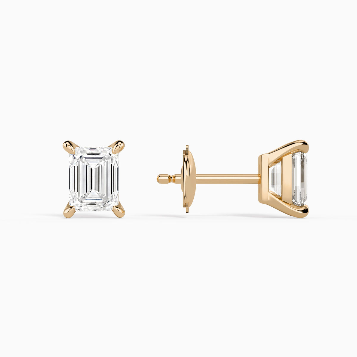 Emerald Solitaire 4-Prong Diamond Stud Earrings in 14K Rose Gold