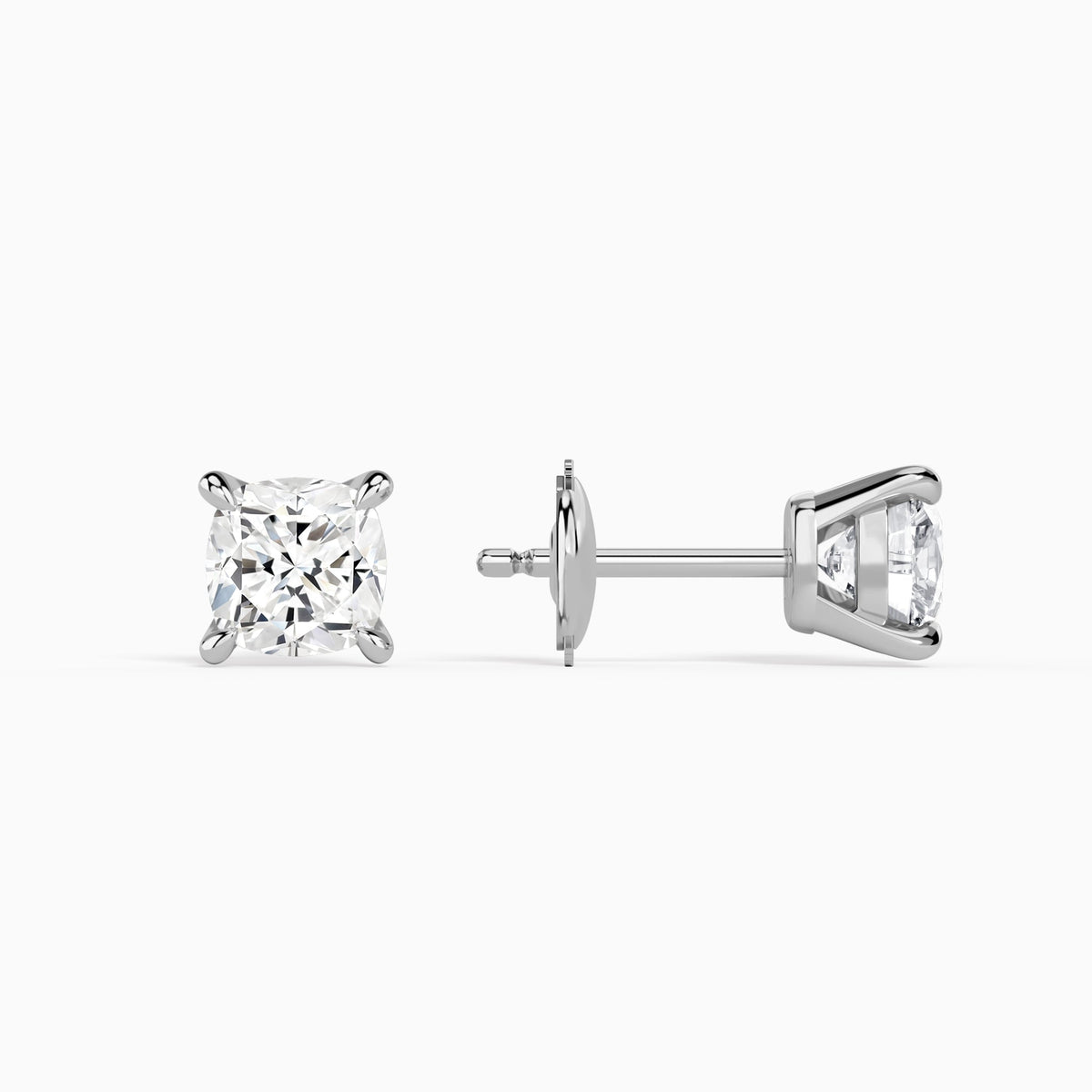 Cushion Solitaire 4-Prong Diamond Stud Earrings in 18K White Gold