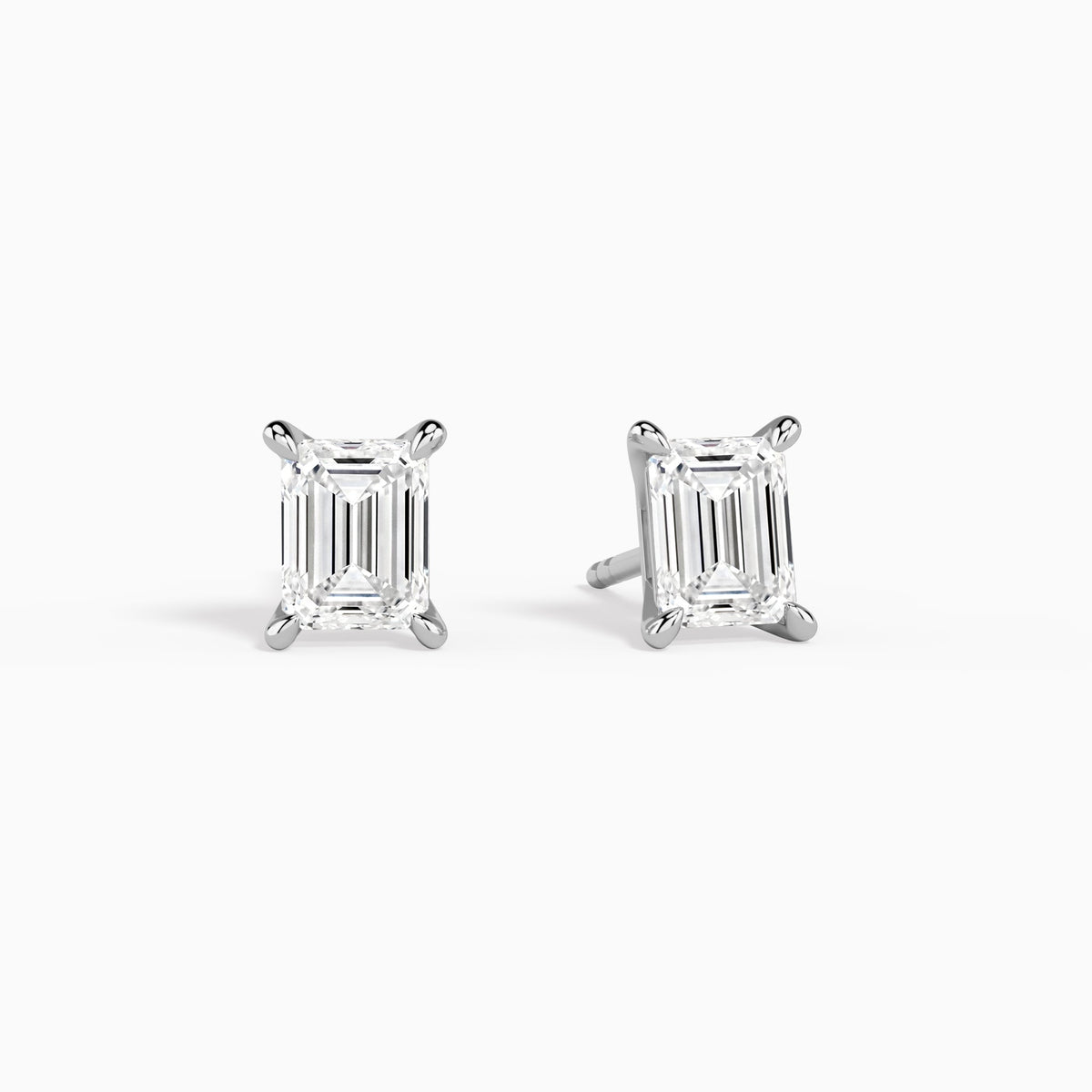 Emerald Solitaire 4-Prong Diamond Stud Earrings in 14K White Gold