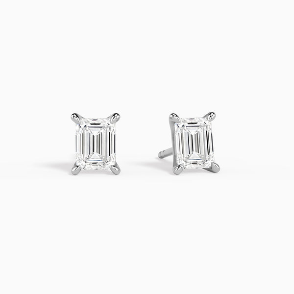 Emerald Solitaire 4-Prong Diamond Stud Earrings in 14K White Gold