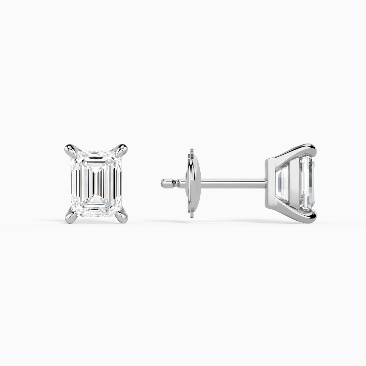 Emerald Solitaire 4-Prong Diamond Stud Earrings in 14K White Gold