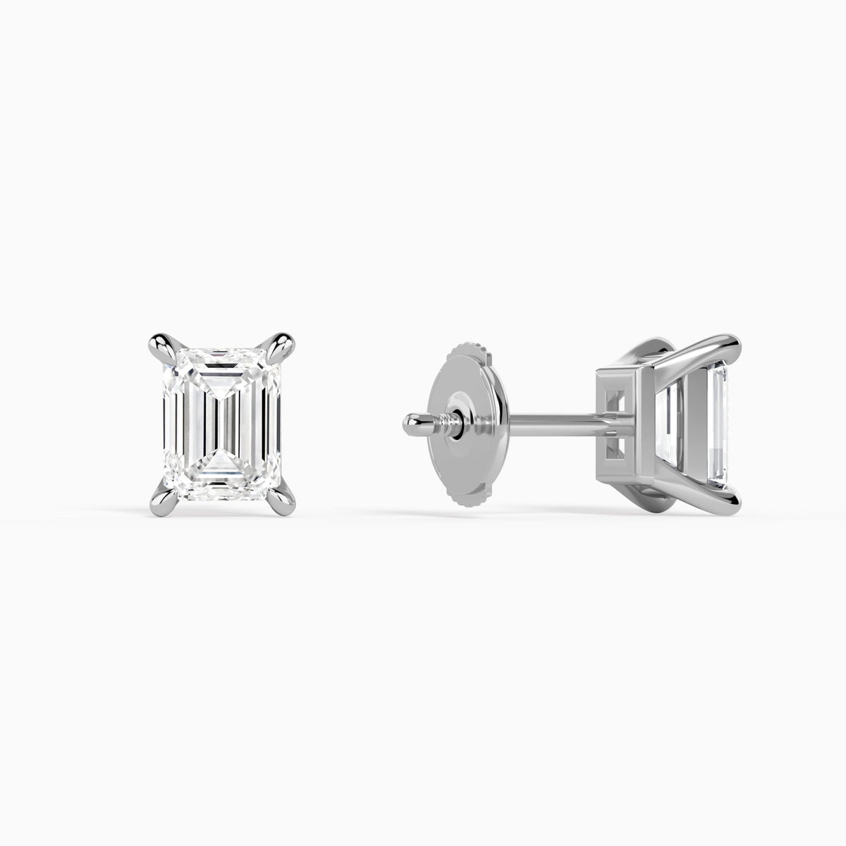 Emerald Solitaire 4-Prong Diamond Stud Earrings in 14K White Gold