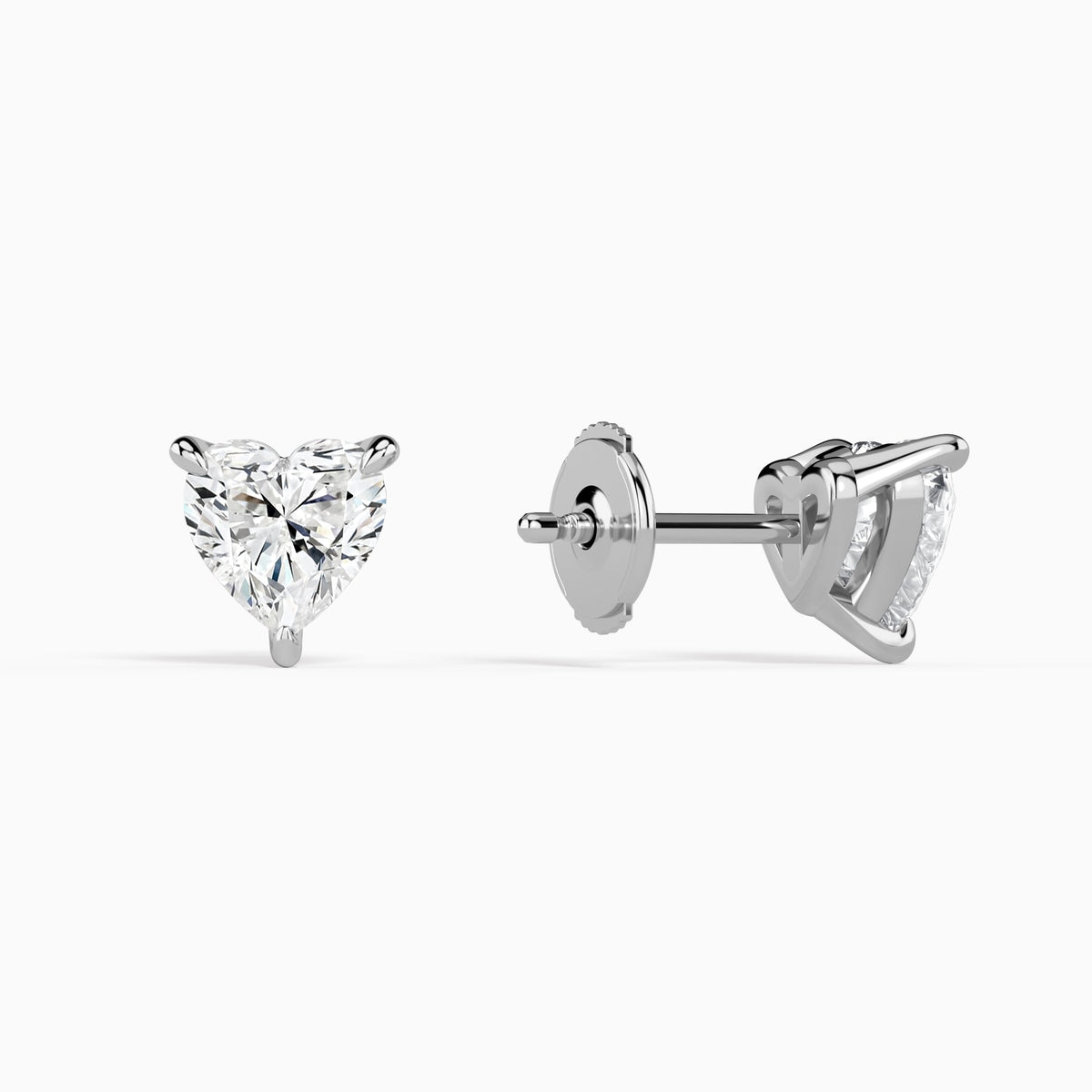 Heart Solitaire 3-Prong Diamond Stud Earrings in 18K White Gold
