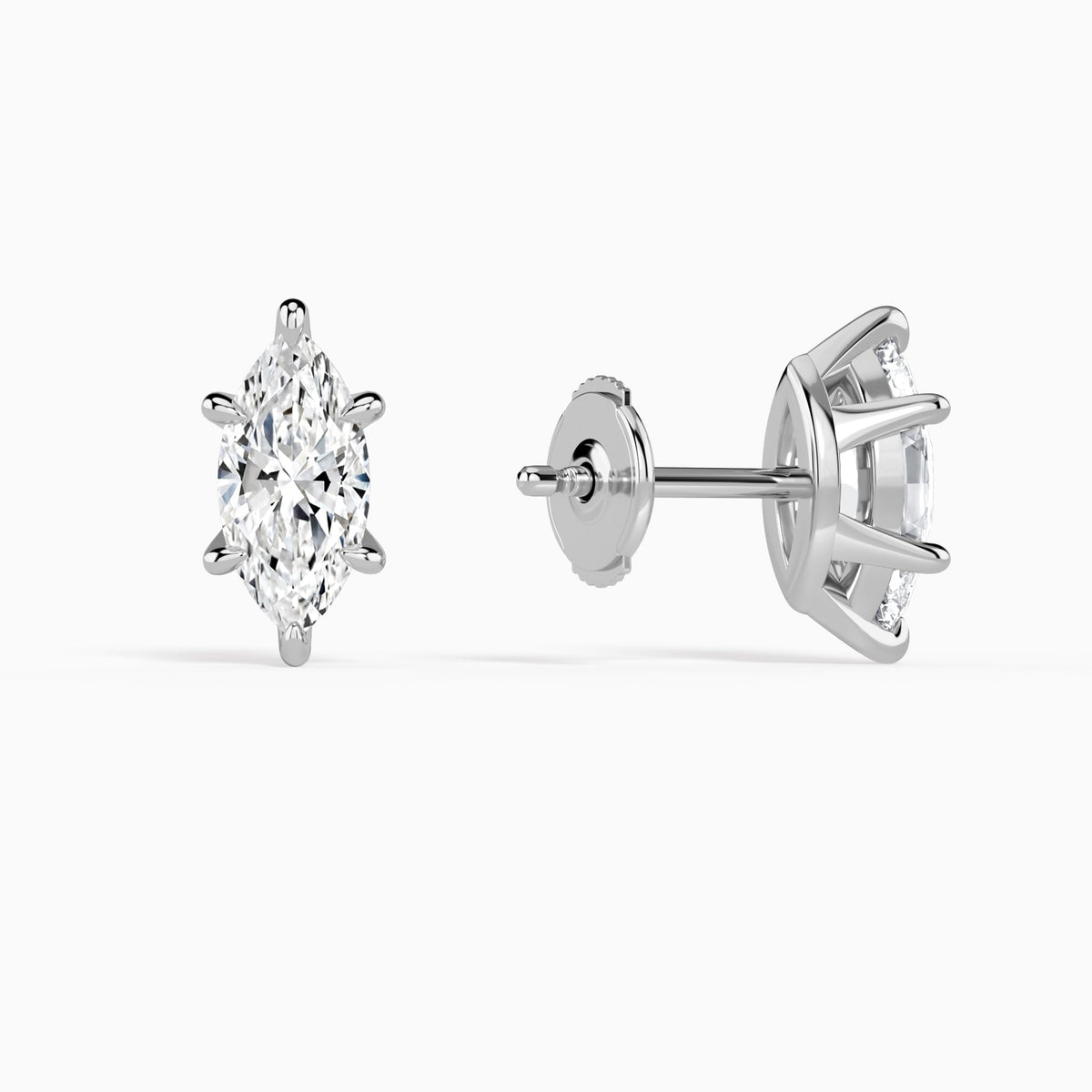 Marquise Solitaire 6-Prong Diamond Stud Earrings in 18K White Gold