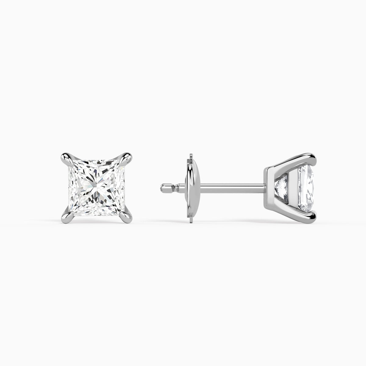 Princess Solitaire 4-Prong Diamond Stud Earrings in 14K White Gold
