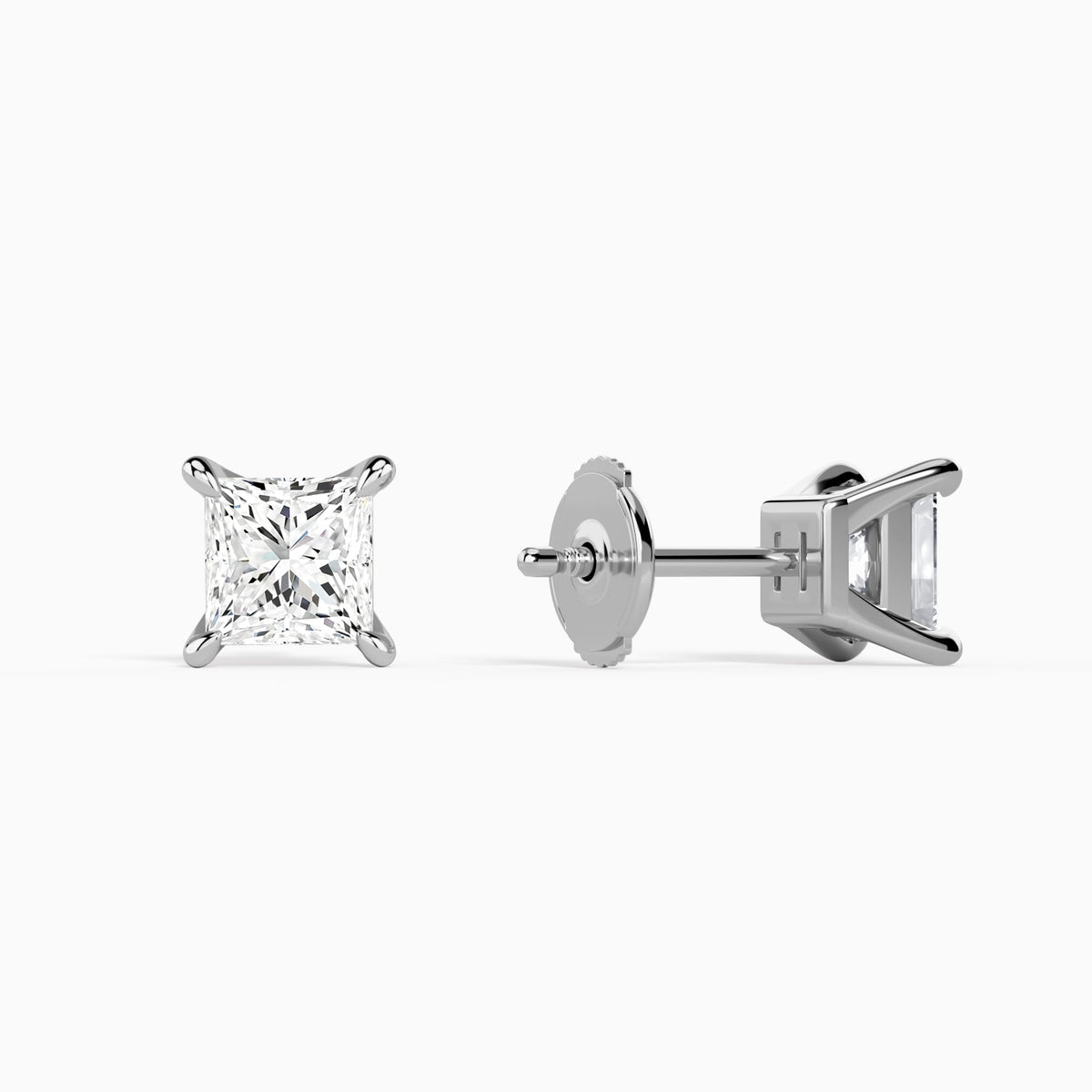 Princess Solitaire 4-Prong Diamond Stud Earrings in 14K White Gold