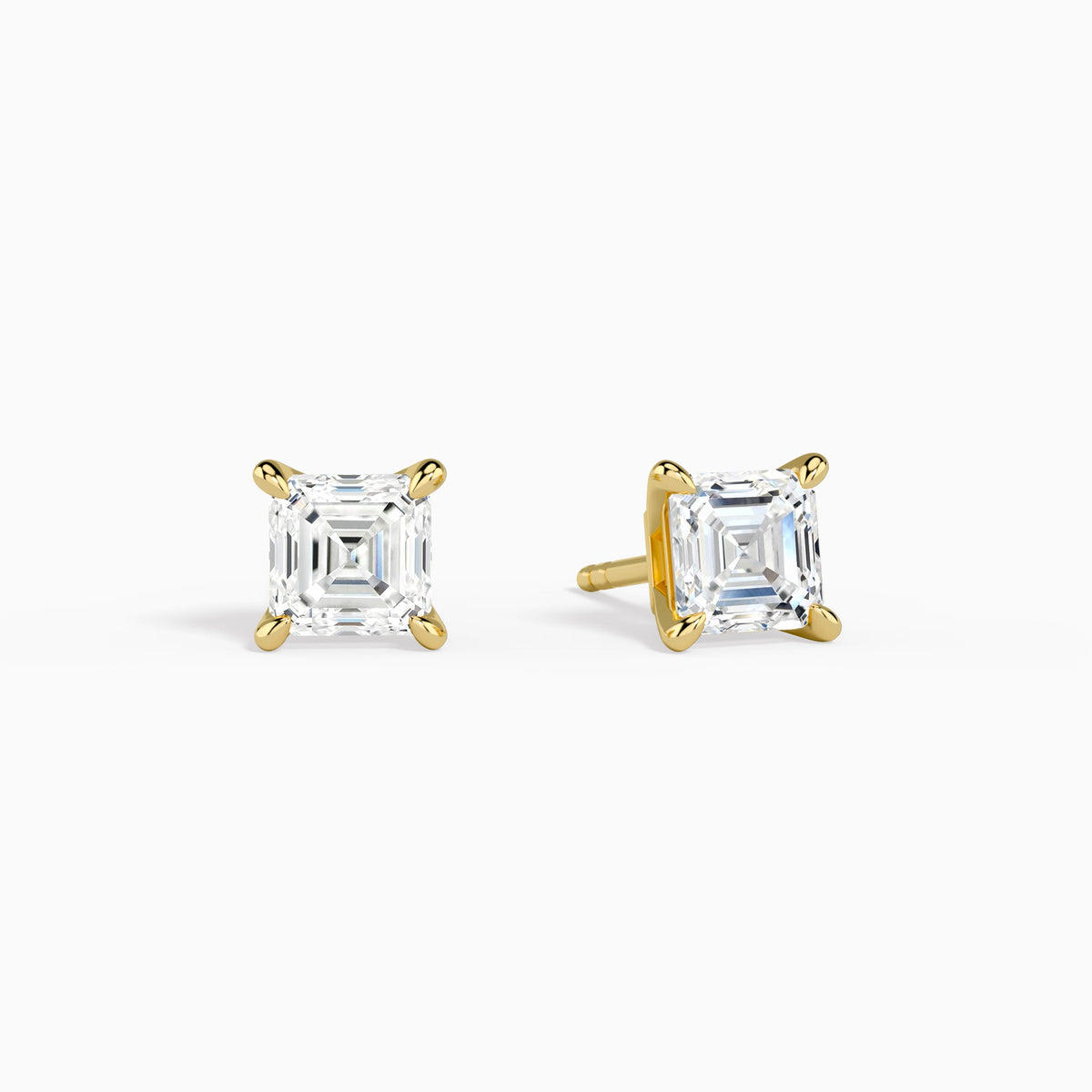 Asscher Solitaire 4-Prong Diamond Stud Earrings in 18K Yellow Gold