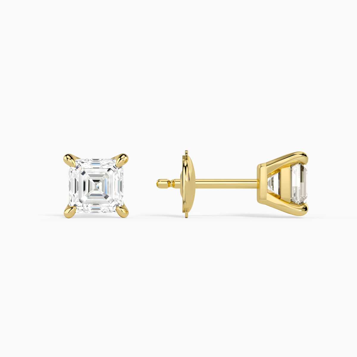 Asscher Solitaire 4-Prong Diamond Stud Earrings in 14K Yellow Gold