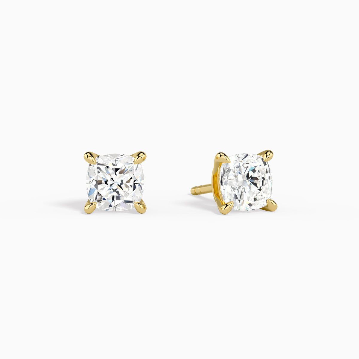 Cushion Solitaire 4-Prong Diamond Stud Earrings in 14K Yellow Gold