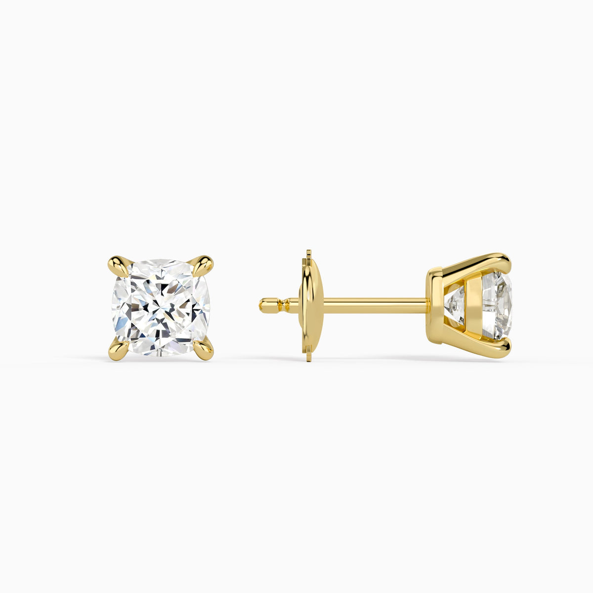 Cushion Solitaire 4-Prong Diamond Stud Earrings in 14K Yellow Gold