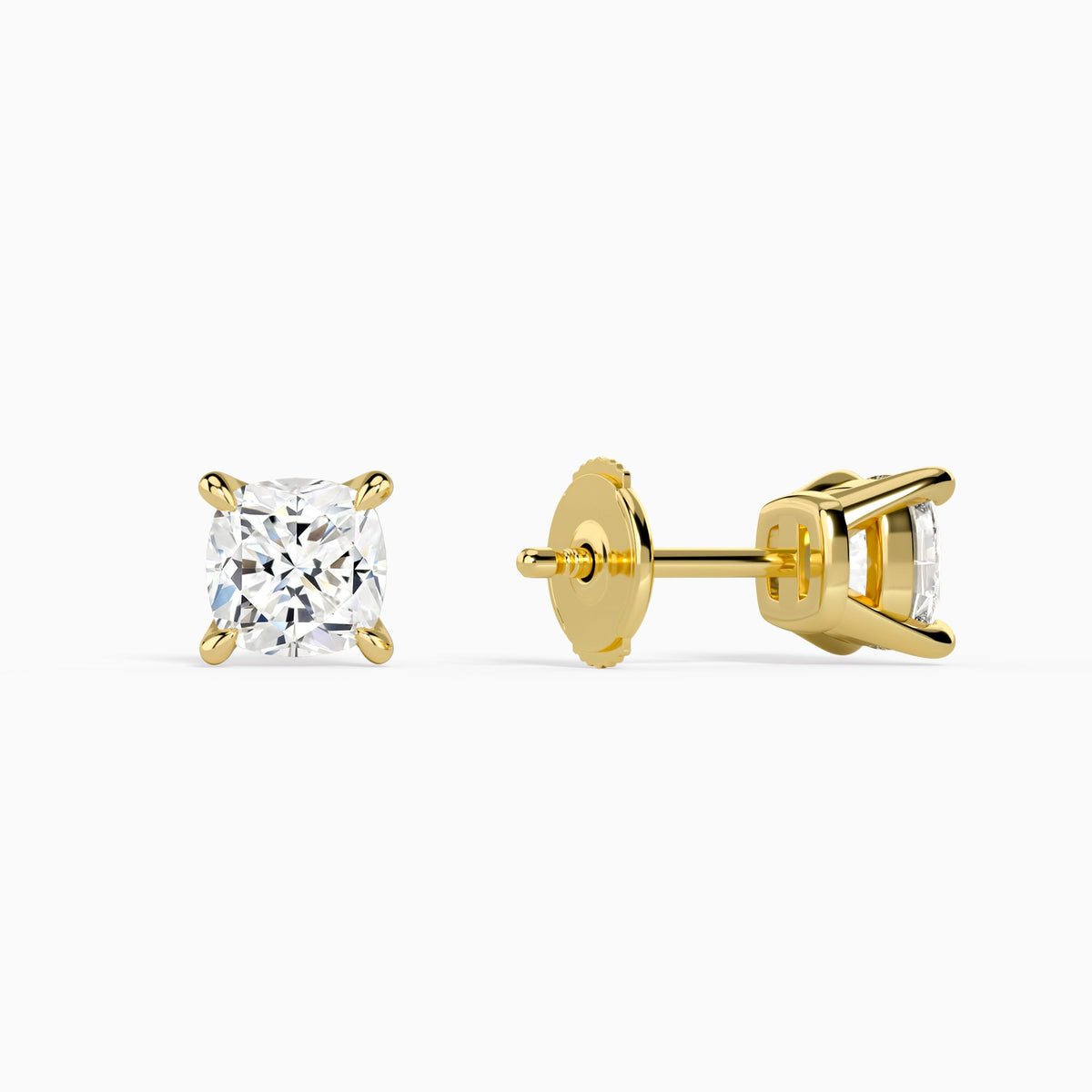 Cushion Solitaire 4-Prong Diamond Stud Earrings in 14K Yellow Gold