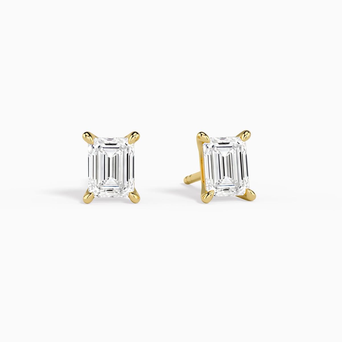 Emerald Solitaire 4-Prong Diamond Stud Earrings in 14K Yellow Gold