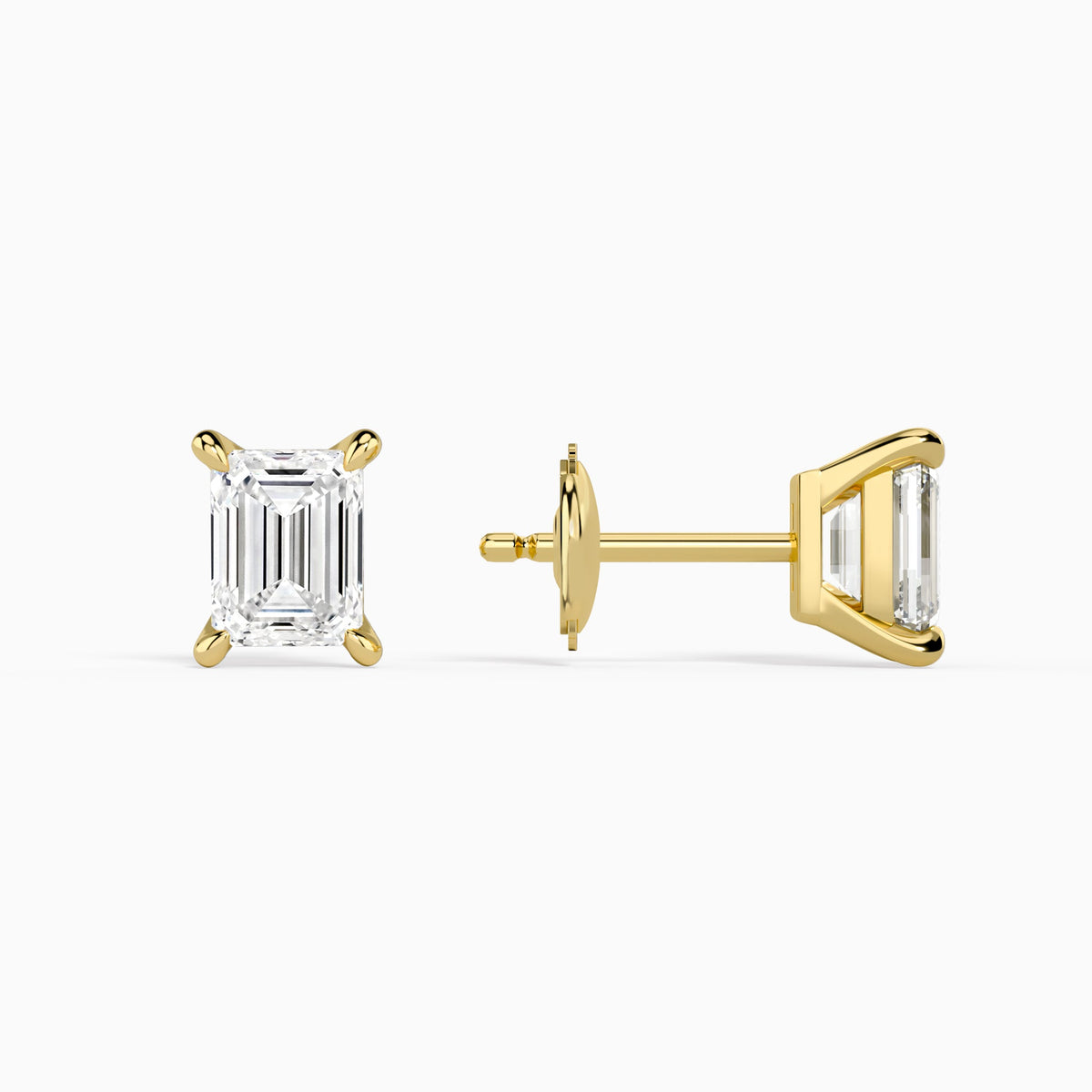 Emerald Solitaire 4-Prong Diamond Stud Earrings in 14K Yellow Gold