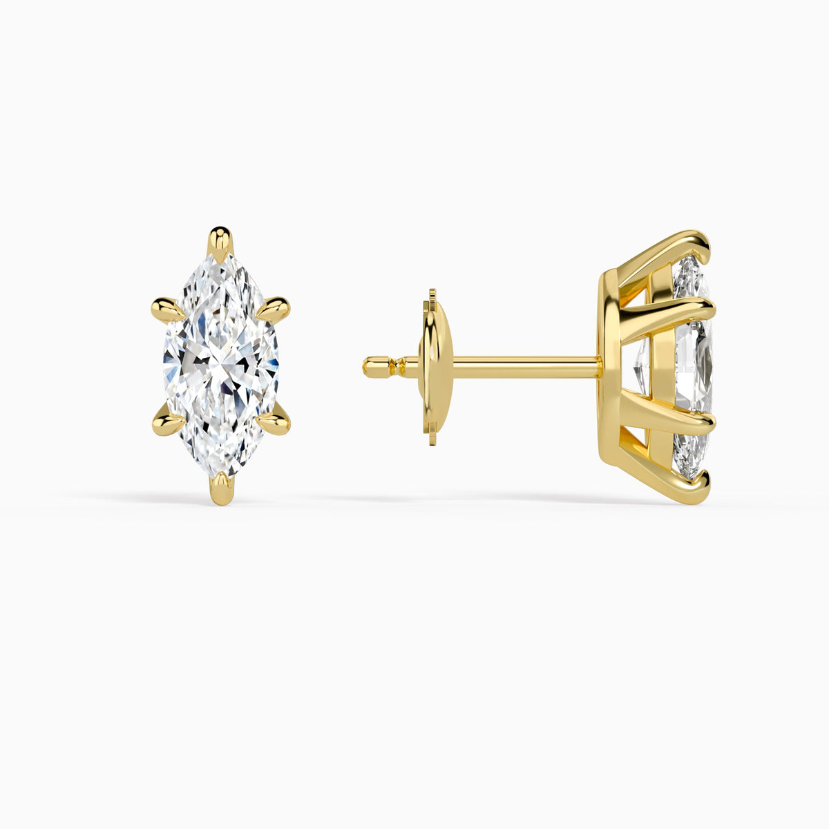 Marquise Solitaire 6-Prong Diamond Stud Earrings in 14K Yellow Gold