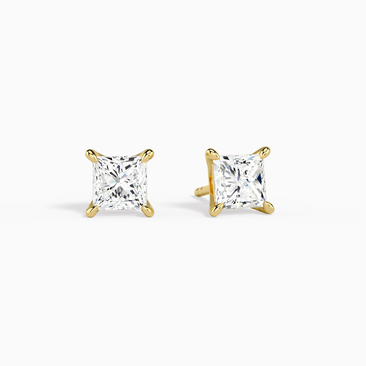 Princess Solitaire 4-Prong Diamond Stud Earrings in 18K Yellow Gold