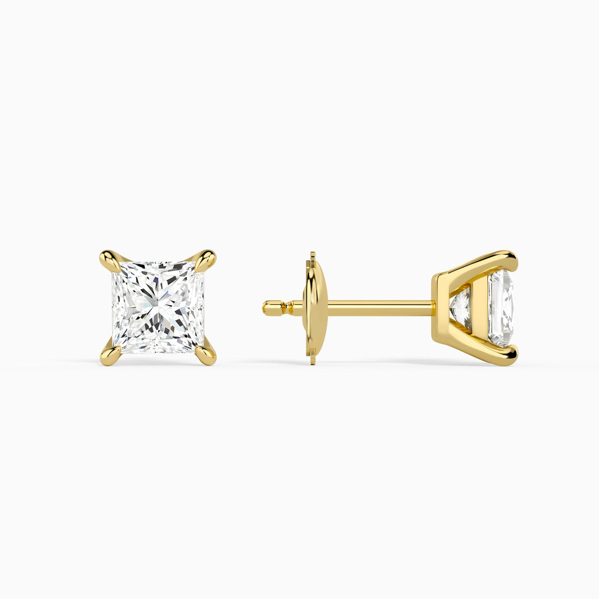 Princess Solitaire 4-Prong Diamond Stud Earrings in 14K Yellow Gold