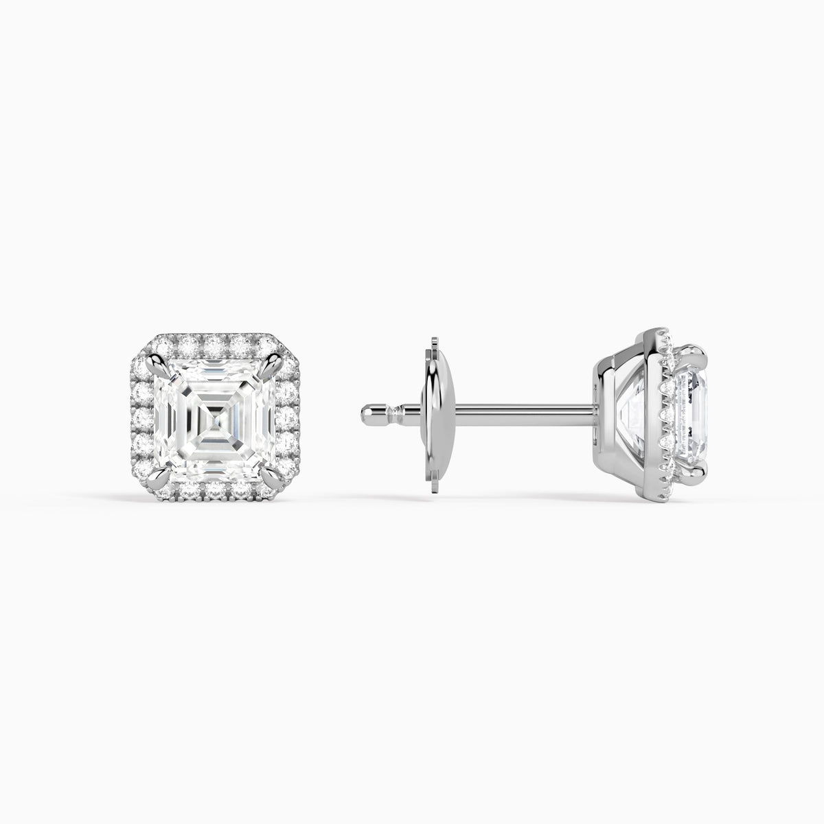 Asscher Halo Diamond Stud Earrings in Platinum