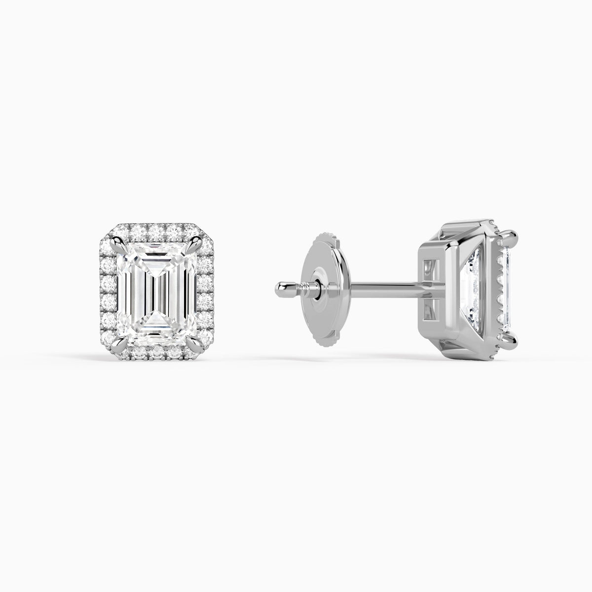 Emerald Halo Diamond Stud Earrings in Platinum