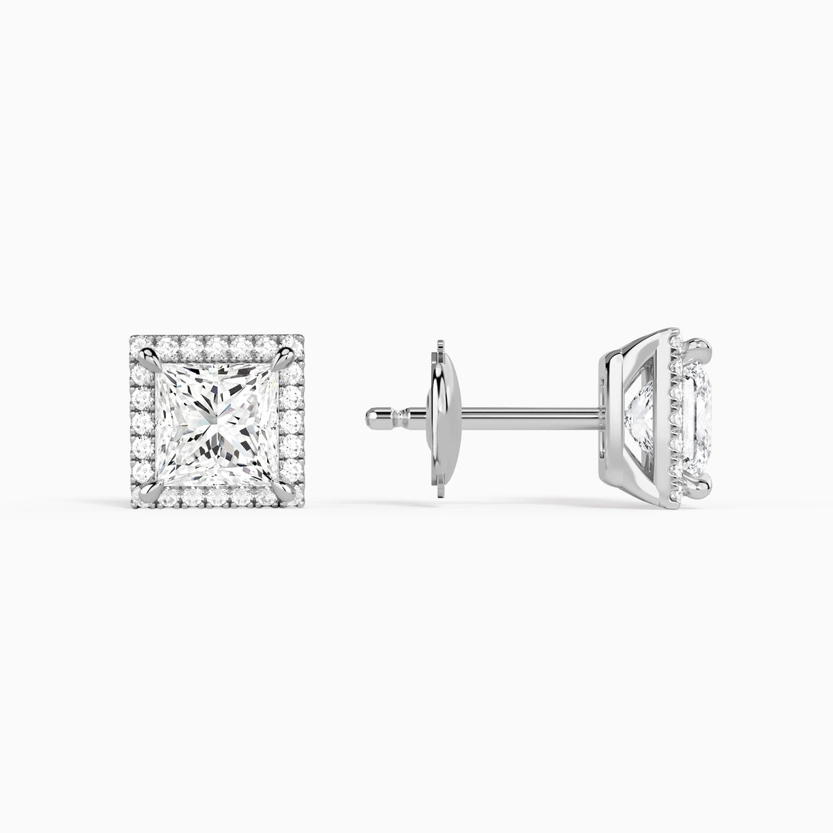 Princess Halo Diamond Stud Earrings in Platinum
