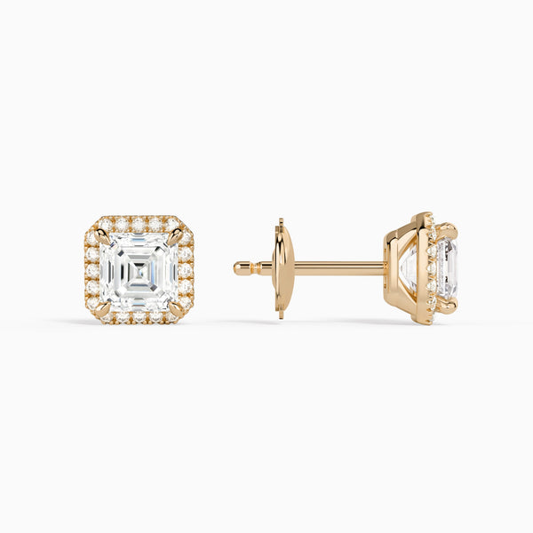 Asscher Halo Diamond Stud Earrings in 14K Rose Gold