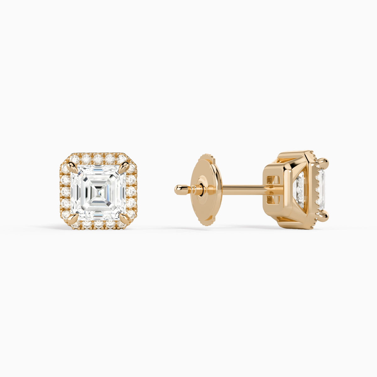 Asscher Halo Diamond Stud Earrings in 14K Rose Gold