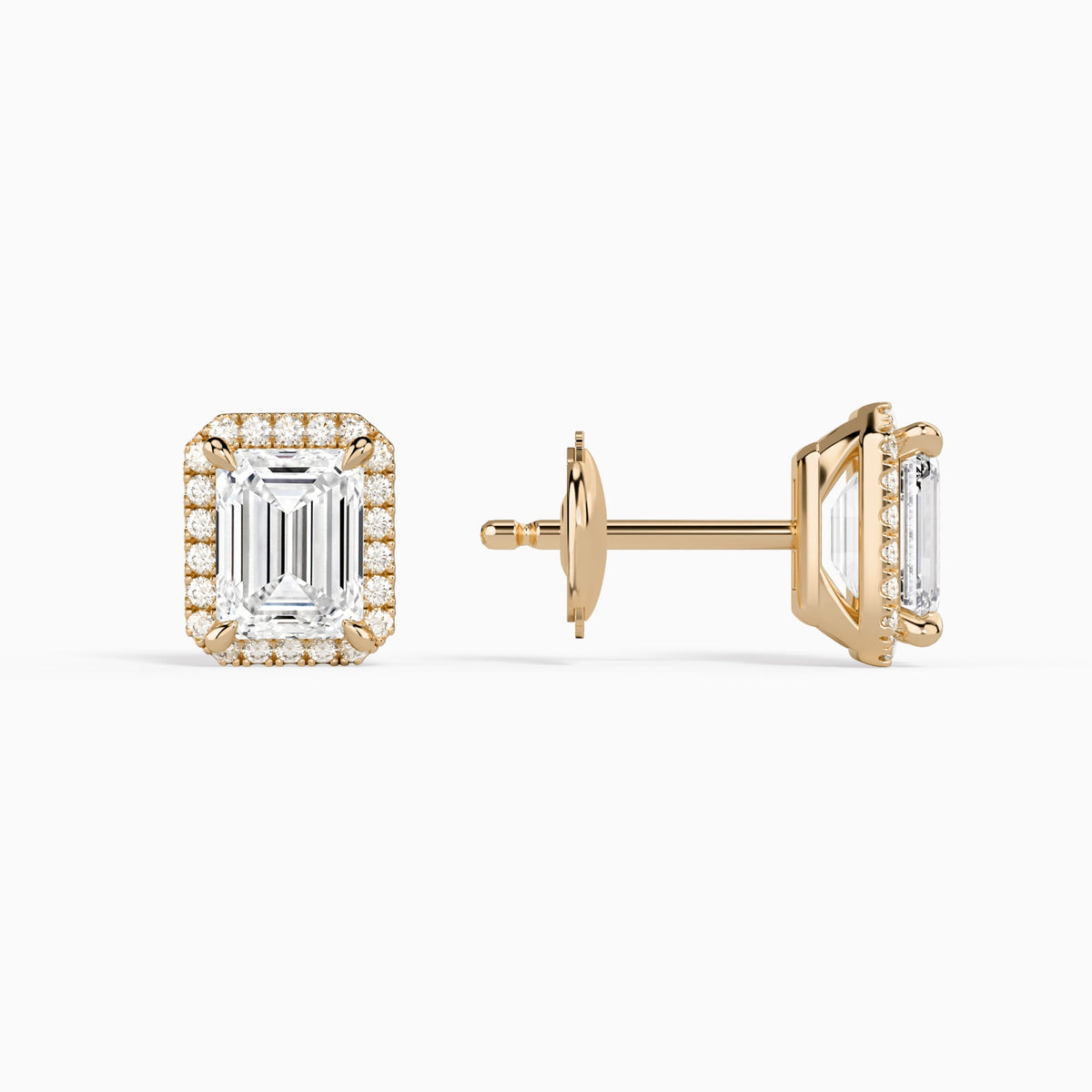 Emerald Halo Diamond Stud Earrings in 14K Rose Gold