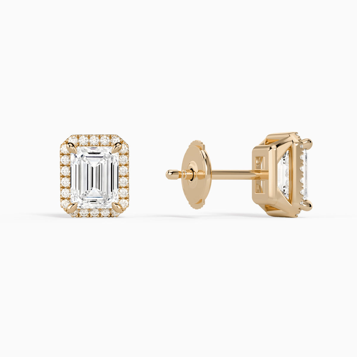 Emerald Halo Diamond Stud Earrings in 14K Rose Gold
