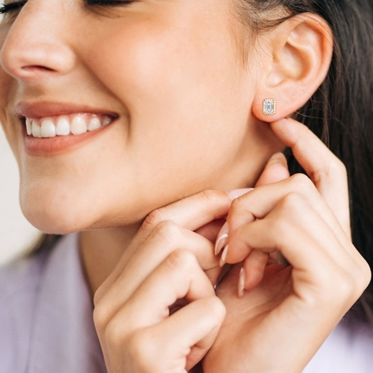 Emerald Halo Diamond Stud Earrings in 14K Rose Gold