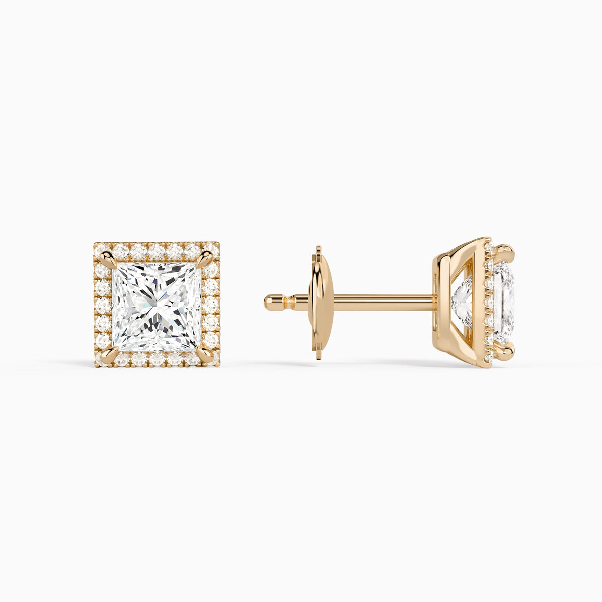 Princess Halo Diamond Stud Earrings in 14K Rose Gold