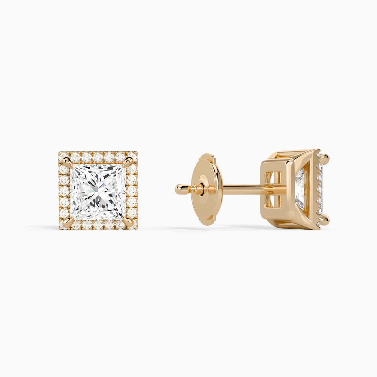 Princess Halo Diamond Stud Earrings in 14K Rose Gold