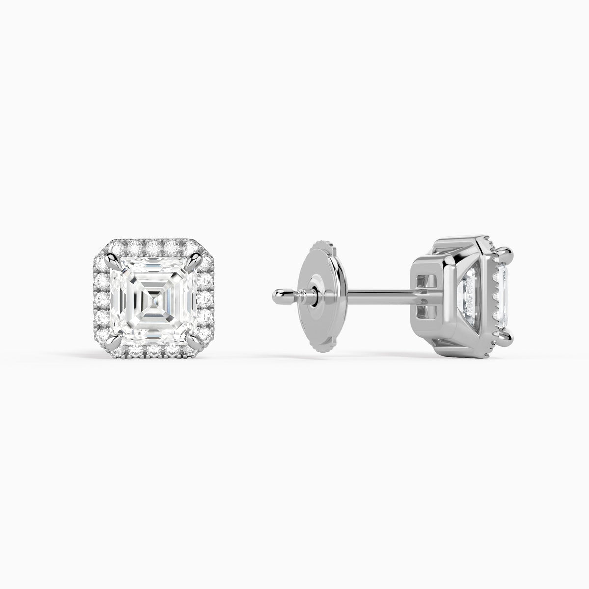 Asscher Halo Diamond Stud Earrings in 18K White Gold
