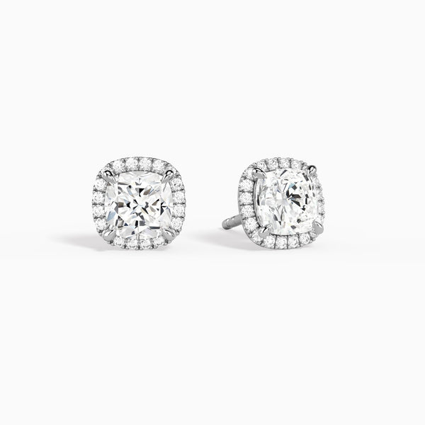 Cushion Halo Diamond Stud Earrings in 14K White Gold