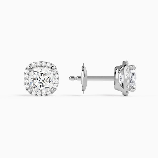 Cushion Halo Diamond Stud Earrings in 14K White Gold