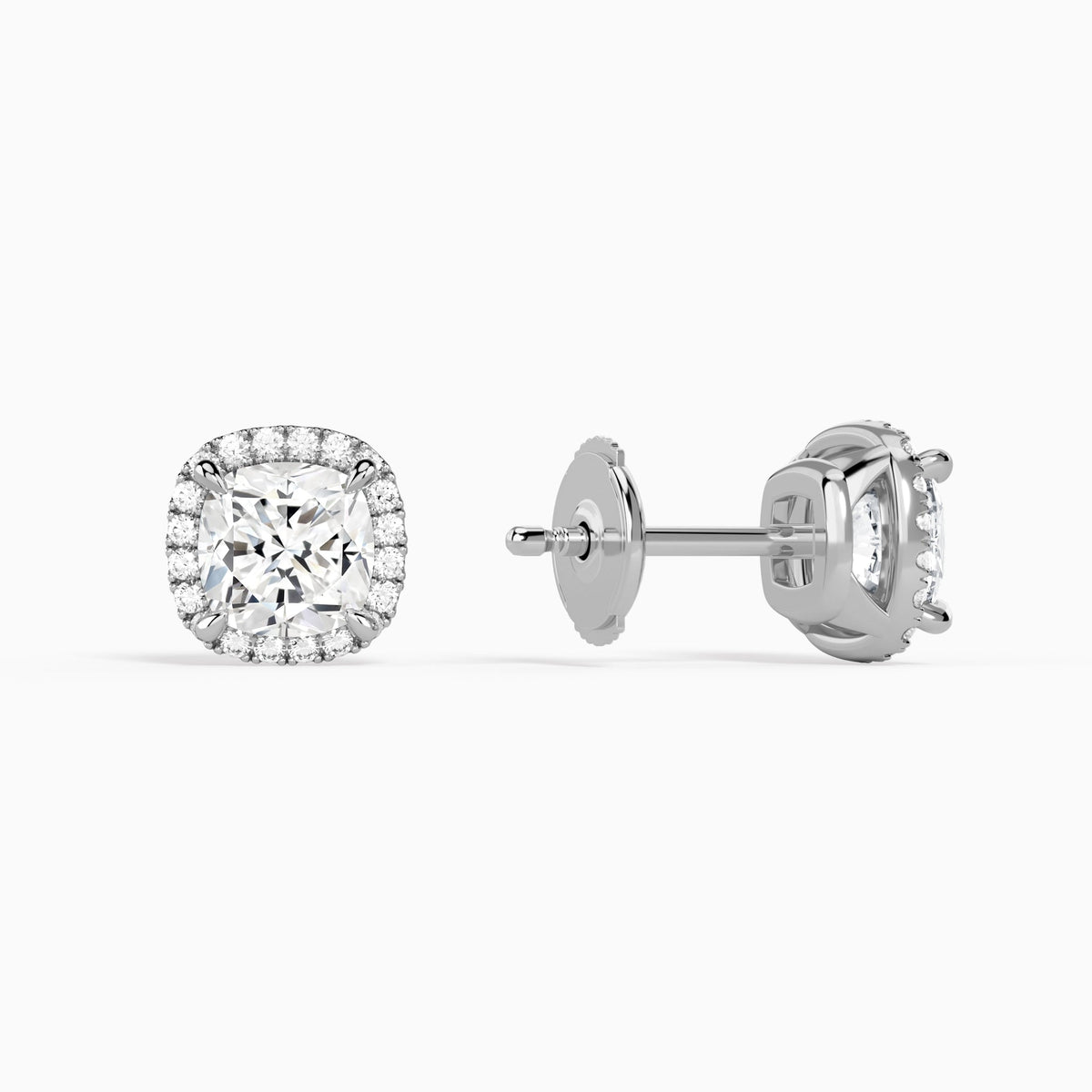 Cushion Halo Diamond Stud Earrings in 14K White Gold