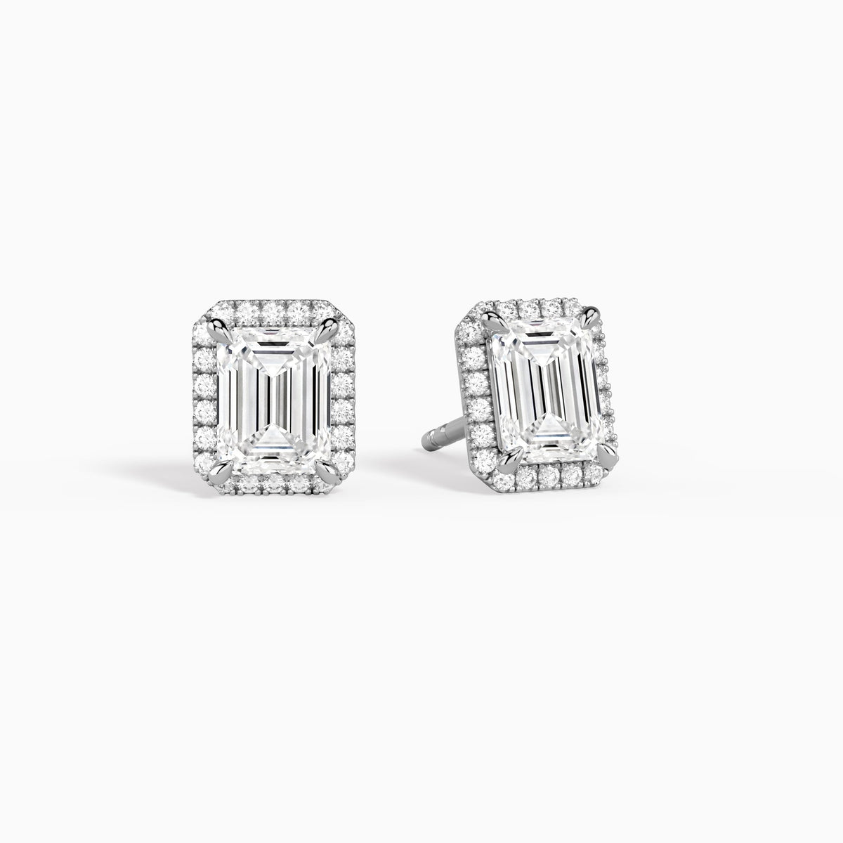 Emerald Halo Diamond Stud Earrings in 18K White Gold