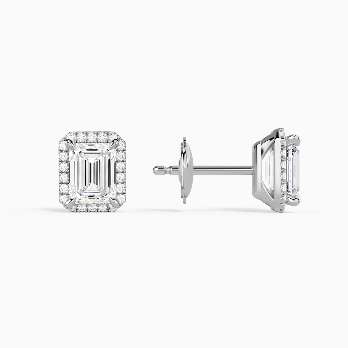 Emerald Halo Diamond Stud Earrings in 18K White Gold