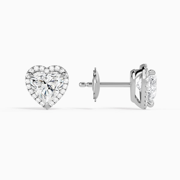 Heart Halo Diamond Stud Earrings in 14K White Gold