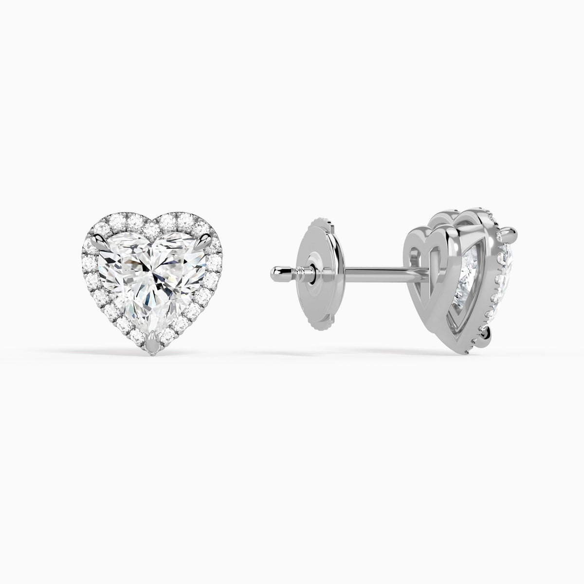 Heart Halo Diamond Stud Earrings in 14K White Gold