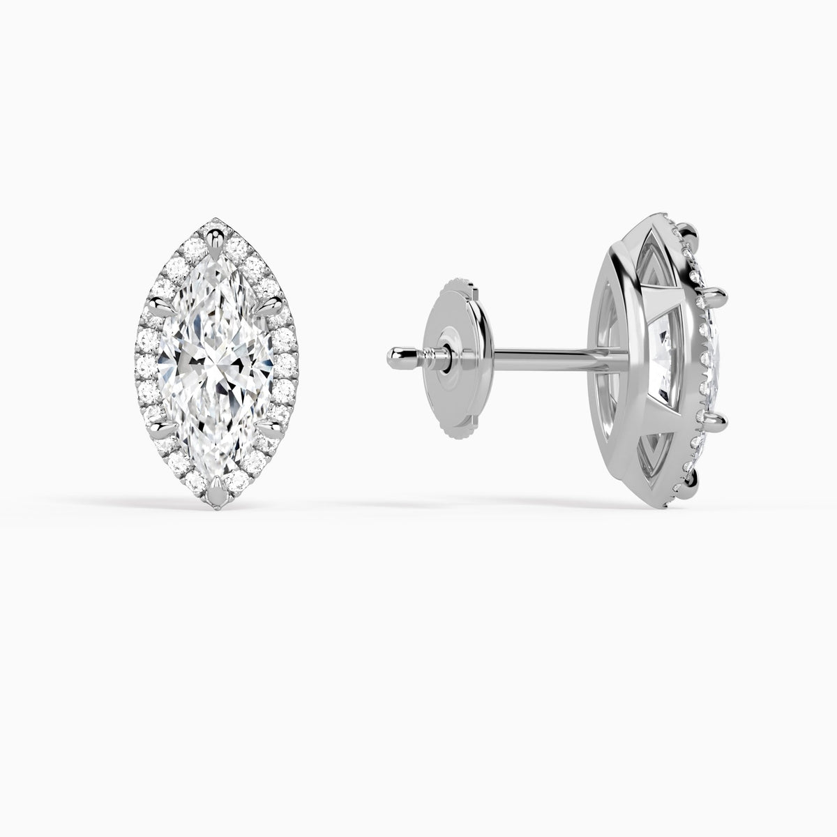 Marquise Halo Diamond Stud Earrings in 14K White Gold