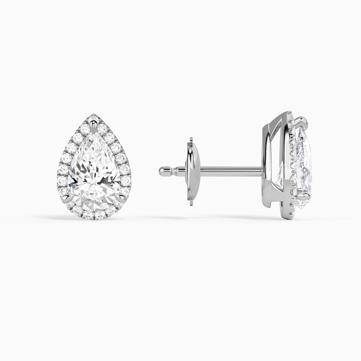 Pear Halo Diamond Stud Earrings in 14K White Gold