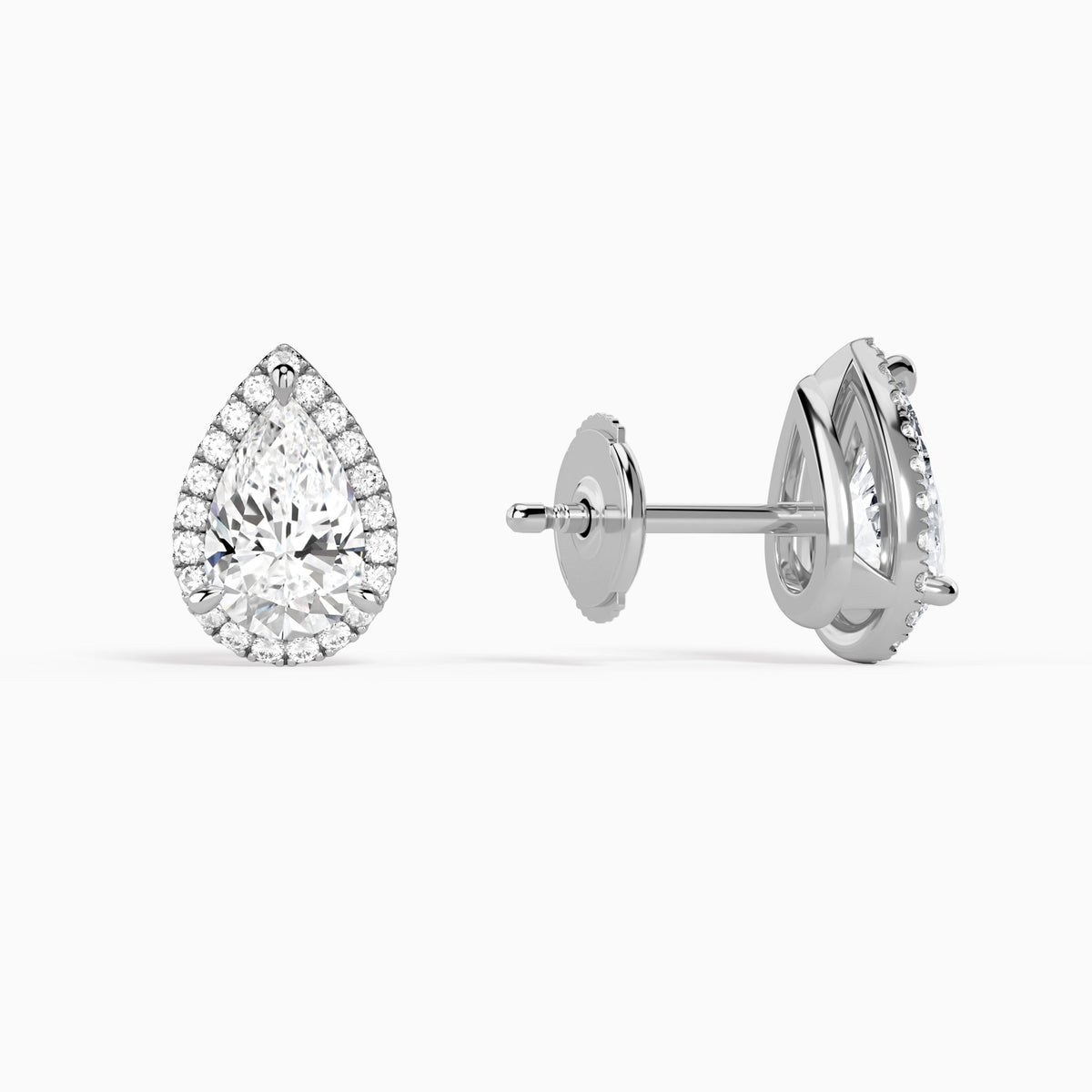 Pear Halo Diamond Stud Earrings in 14K White Gold