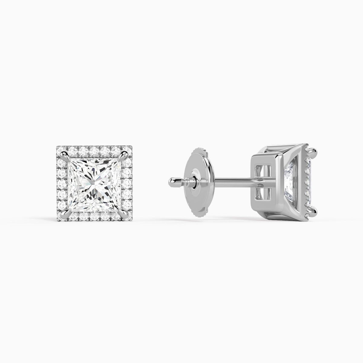 Princess Halo Diamond Stud Earrings in 14K White Gold