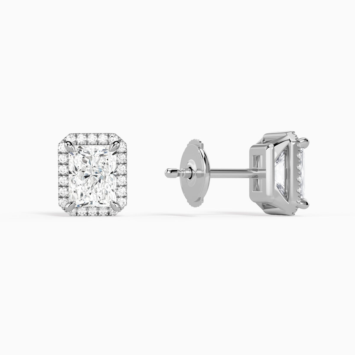 Radiant Halo Diamond Stud Earrings in 14K White Gold