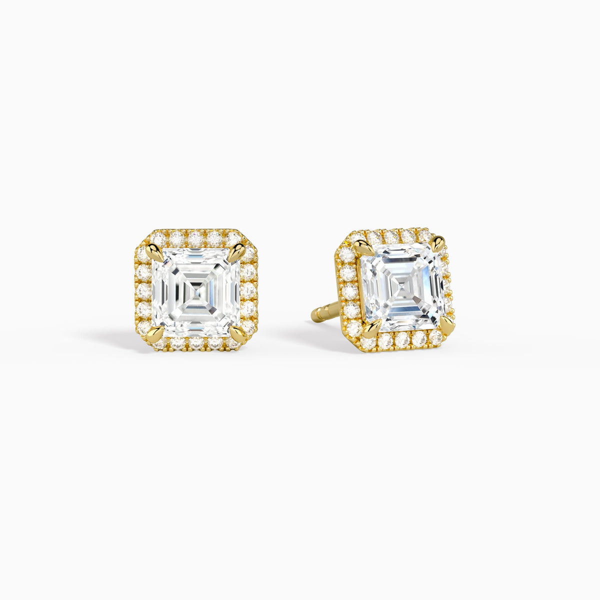 Asscher Halo Diamond Stud Earrings in 18K Yellow Gold