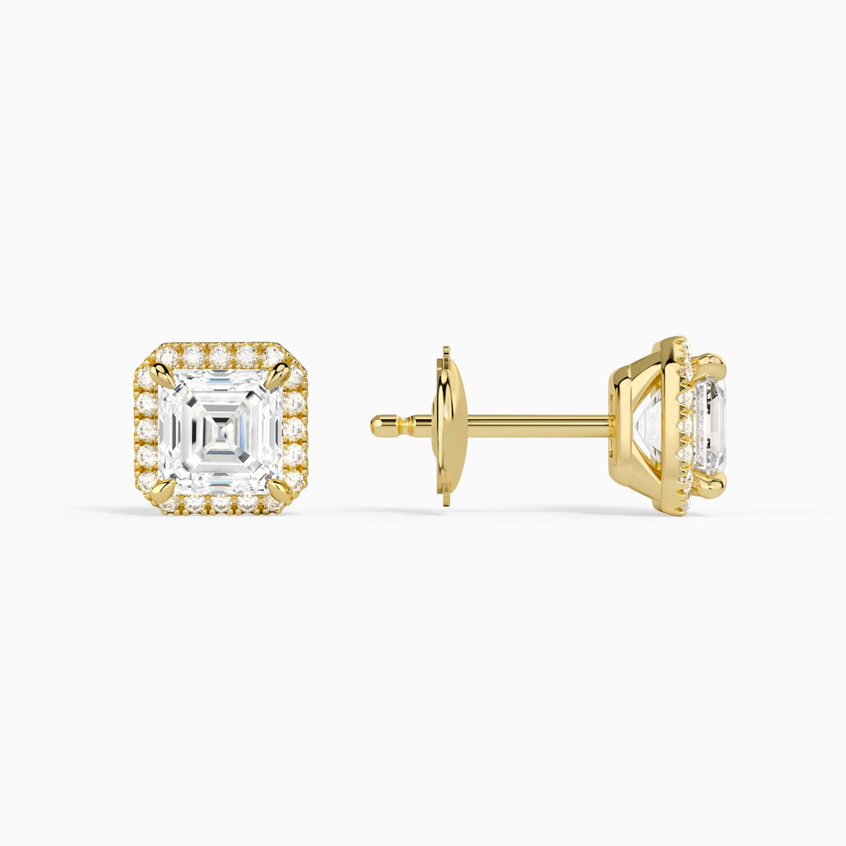 Asscher Halo Diamond Stud Earrings in 18K Yellow Gold