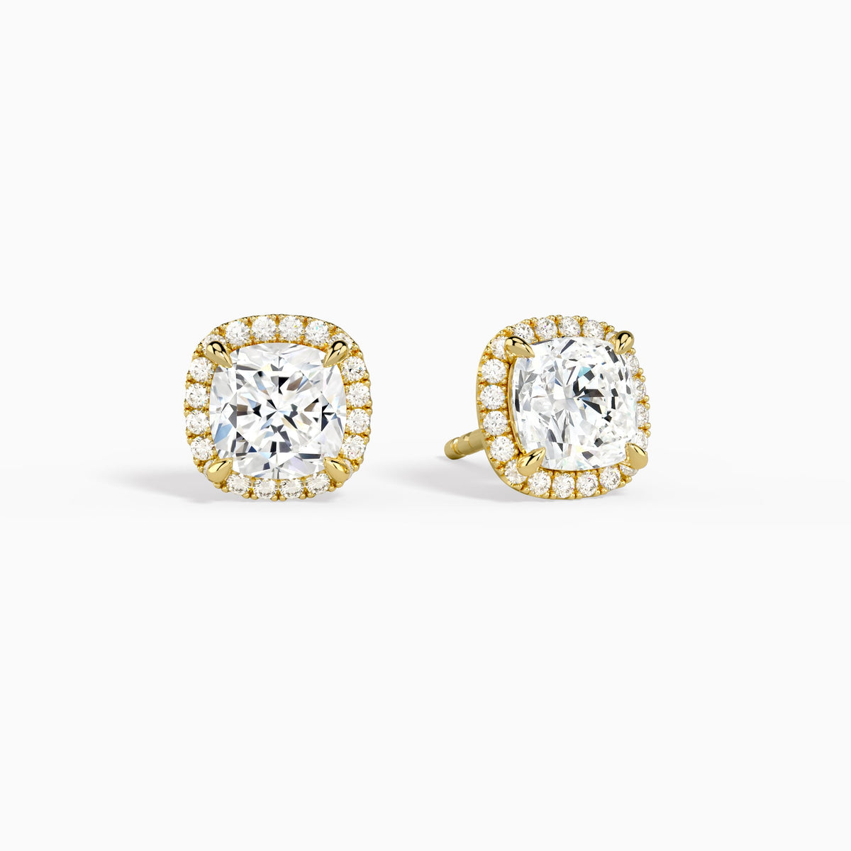 Cushion Halo Diamond Stud Earrings in 14K Yellow Gold