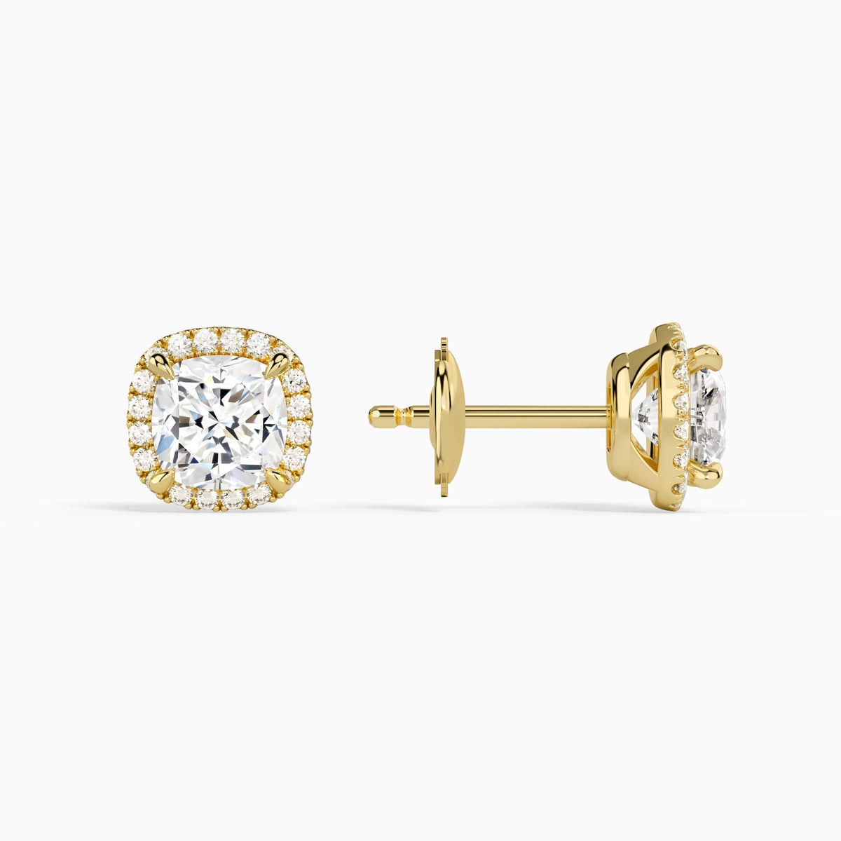 Cushion Halo Diamond Stud Earrings in 18K Yellow Gold